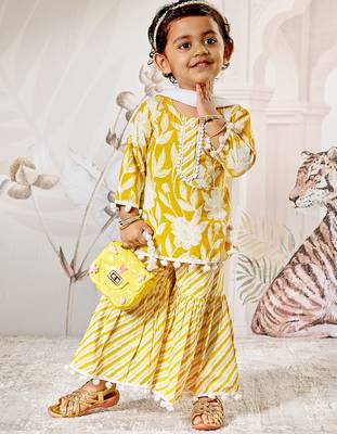 Girl's traditional yellow cotton kurta sharara set with dupatta floral print for festival wear (22-30) 4