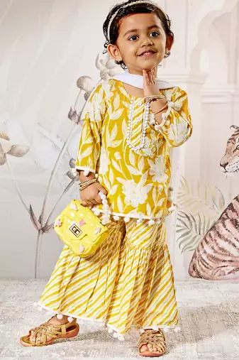 Girl's traditional yellow cotton kurta sharara set with dupatta floral print for festival wear (22-30)