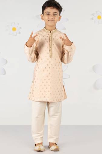 Boy's peach silk blend kurta pyjama set - sequin embroidery festive ethnic wear (size 22-30)