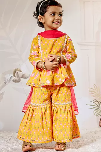 Girl's orange cotton kurta sharara set - raksha bandhan festive ethnic wear with floral print & dupatta (ages 14-20)