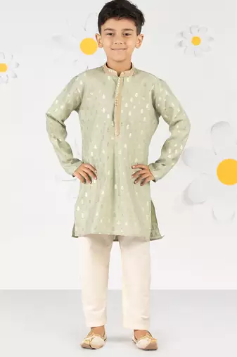 Boy's mint green silk blend kurta pyjama set - sequin embroidery festive ethnic wear (size 22-30)