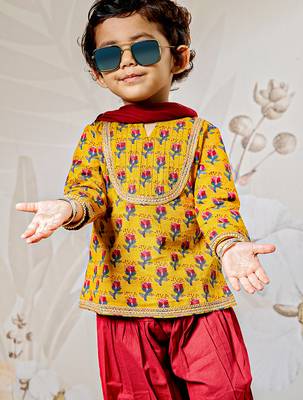 Girl's traditional mustard cotton kurta patiala set with dupatta floral print for festival wear (22-30) 1