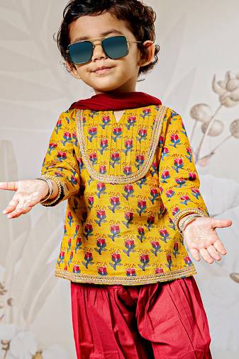 Girl's traditional mustard cotton kurta patiala set with dupatta floral print for festival wear (22-30)