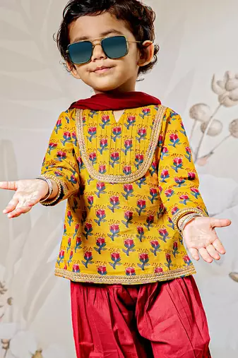 Girl's traditional mustard cotton kurta patiala set with dupatta floral print for festival wear (22-30)