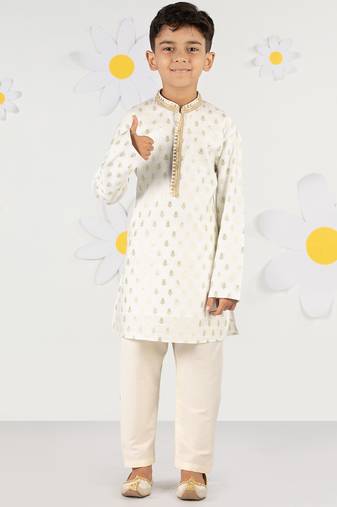 Boy's cream silk blend kurta pyjama set - sequin embroidery festive ethnic wear (size 22-30)