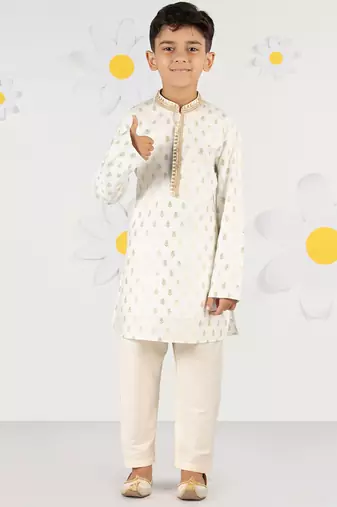 Boy's cream silk blend kurta pyjama set - sequin embroidery festive ethnic wear (size 22-30)