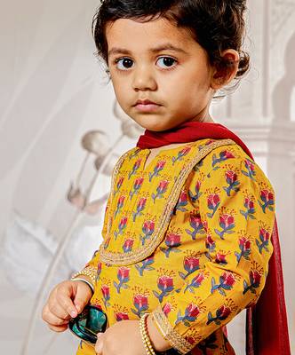 Girl's traditional mustard cotton kurta patiala set with dupatta floral print for festival wear (22-30) 2