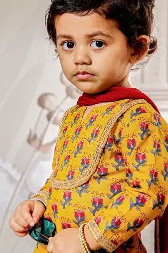 Girl's traditional mustard cotton kurta patiala set with dupatta floral print for festival wear (22-30)