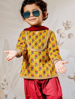 Girl's traditional mustard cotton kurta patiala set with dupatta floral print for festival wear (22-30) 3