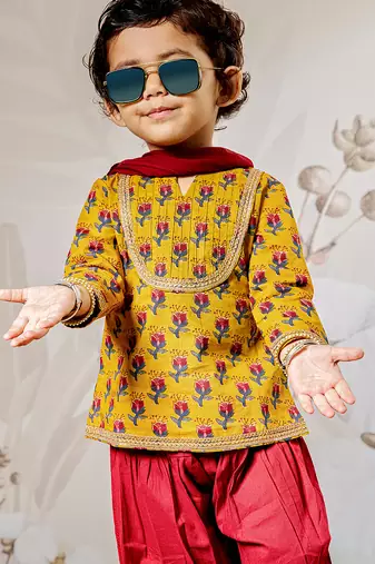 Girl's traditional mustard cotton kurta patiala set with dupatta floral print for festival wear (22-30)