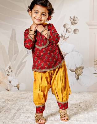 Girl's traditional raksha bandhan outfit - red cotton kurta patiala set with dupatta floral print for festival wear 1