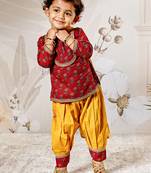 Girl's traditional raksha bandhan outfit - red cotton kurta patiala set with dupatta floral print for festival wear