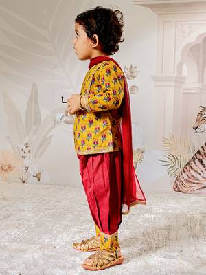 Girl's traditional mustard cotton kurta patiala set with dupatta floral print for festival wear (22-30) 4