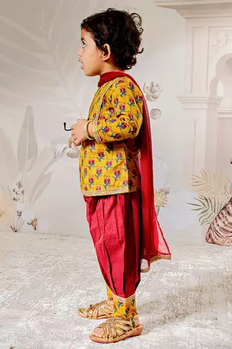 Girl's traditional mustard cotton kurta patiala set with dupatta floral print for festival wear (22-30)