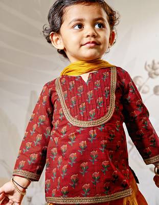Girl's traditional raksha bandhan outfit - red cotton kurta patiala set with dupatta floral print for festival wear 2