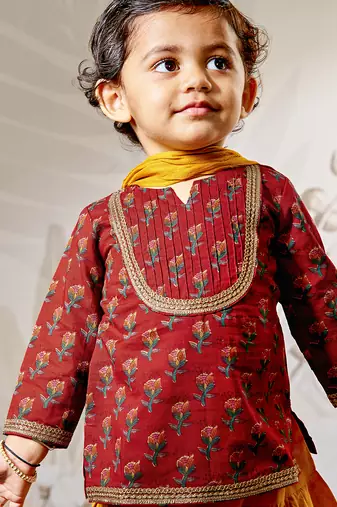 Girl's traditional raksha bandhan outfit - red cotton kurta patiala set with dupatta floral print for festival wear