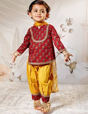 Girl's traditional raksha bandhan outfit - red cotton kurta patiala set with dupatta floral print for festival wear 3