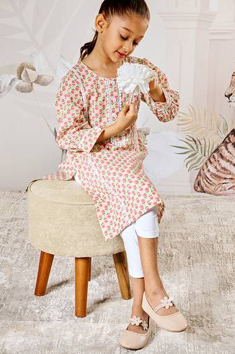 Girl's traditional mint green cotton kurta leggings set with floral print for festival wear collection (22-30)