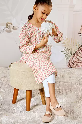 Girl's traditional mint green cotton kurta leggings set with floral print for festival wear collection (22-30)