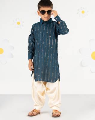  turquoise kurta patiala set - foil print modal chanderi ethnic wear festive collection 1