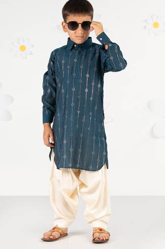 Boy's turquoise kurta patiala set - foil print modal chanderi ethnic wear festive collection