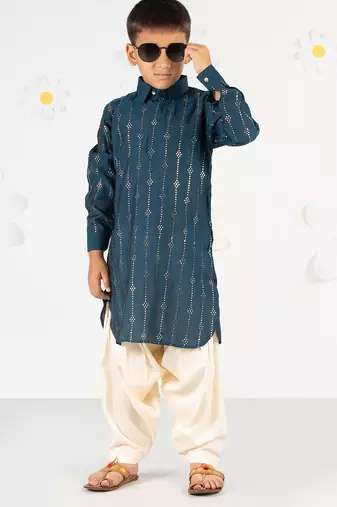 Boy's turquoise kurta patiala set - foil print modal chanderi ethnic wear festive collection