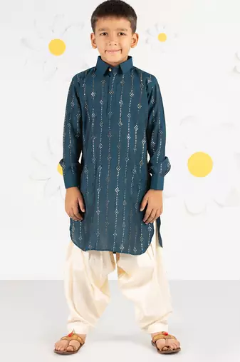  turquoise kurta patiala set - foil print modal chanderi ethnic wear festive collection
