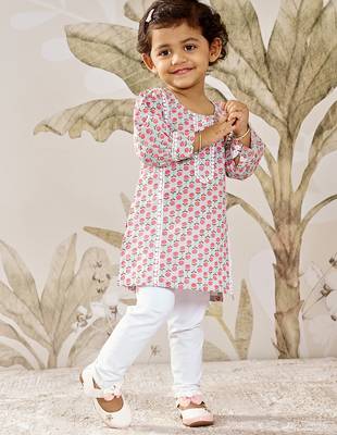 Girl's traditional aqua cotton kurta leggings set with floral print for festival wear collection (22-30) 1