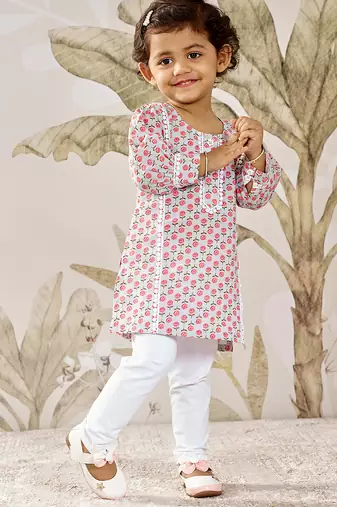 Girl's traditional aqua cotton kurta leggings set with floral print for festival wear collection (22-30)