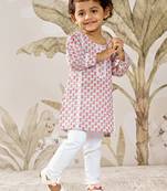 Girl's traditional aqua cotton kurta leggings set with floral print for festival wear collection (22-30)
