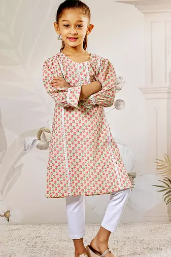 Girl's traditional mint green cotton kurta leggings set with floral print for festival wear collection (22-30)