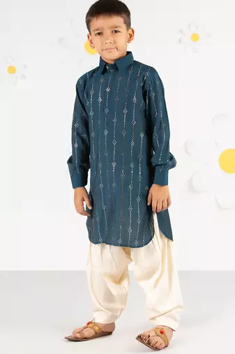  turquoise kurta patiala set - foil print modal chanderi ethnic wear festive collection