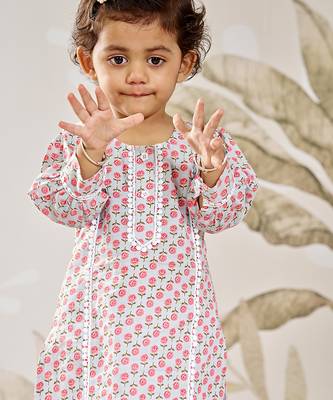 Girl's traditional aqua cotton kurta leggings set with floral print for festival wear collection (22-30) 2