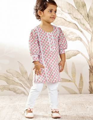 Girl's traditional aqua cotton kurta leggings set with floral print for festival wear collection (22-30) 3