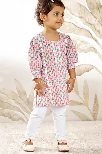 Girl's traditional aqua cotton kurta leggings set with floral print for festival wear collection (22-30)