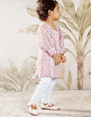 Girl's traditional aqua cotton kurta leggings set with floral print for festival wear collection (22-30) 4