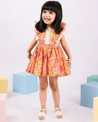 Girl's mustard floral cotton dress - sleeveless summer dress with all-over print (ages 1-5) 1