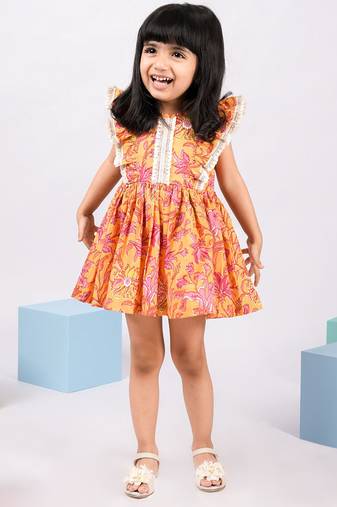 Girl's mustard floral cotton dress - sleeveless summer dress with all-over print (ages 1-5)