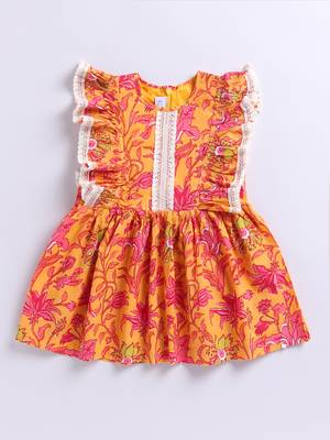 Girl's mustard floral cotton dress - sleeveless summer dress with all-over print (ages 1-5) 2
