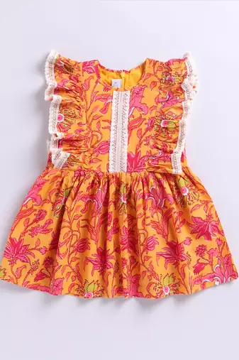 Girl's mustard floral cotton dress - sleeveless summer dress with all-over print (ages 1-5)