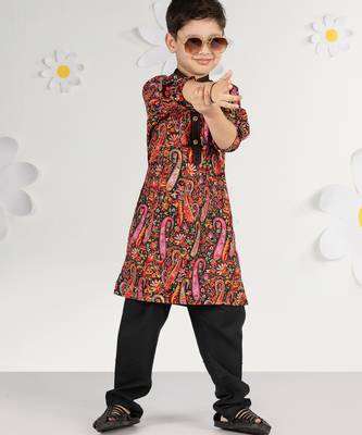  black kurta pyjama set - paisley print crepe summer ethnic wear casual collection 1