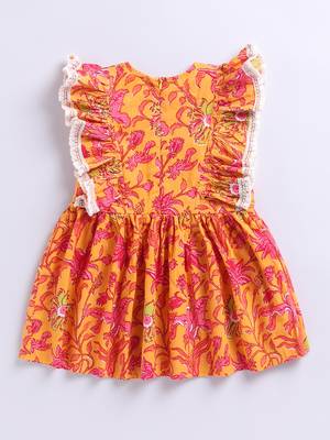 Girl's mustard floral cotton dress - sleeveless summer dress with all-over print (ages 1-5) 4