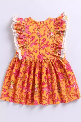 Girl's mustard floral cotton dress - sleeveless summer dress with all-over print (ages 1-5)