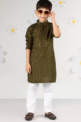 Boy's mehendi green kurta pyjama set - sequin work rayon summer ethnic wear festive collection