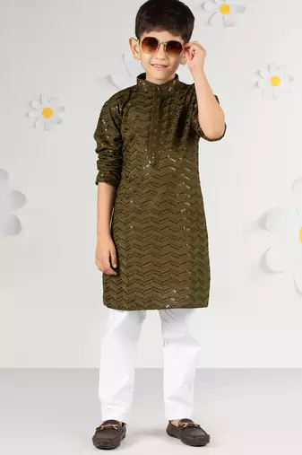Boy's mehendi green kurta pyjama set - sequin work rayon summer ethnic wear festive collection