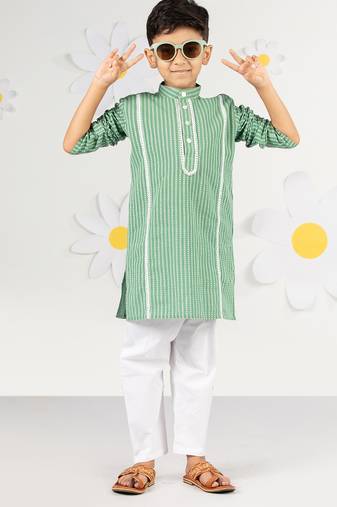Boy's green kurta pyjama set - kantha work cotton summer ethnic wear traditional collection