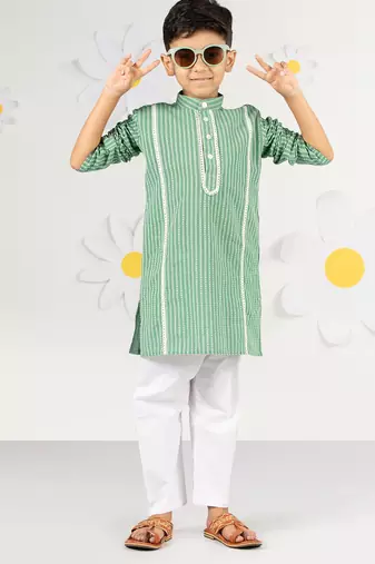 Boy's green kurta pyjama set - kantha work cotton summer ethnic wear traditional collection