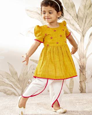 Girl's traditional janmashtami outfit - mustard cotton kurta dhoti set with thread embroidery floral print (size 22-30) 1
