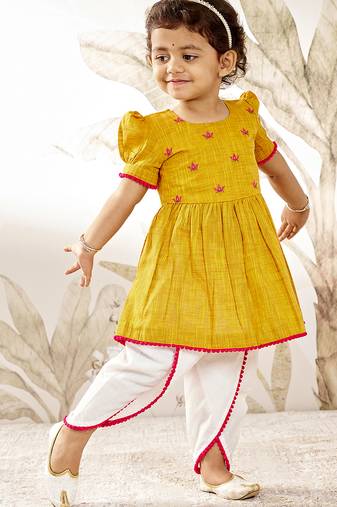 Girl's traditional janmashtami outfit - mustard cotton kurta dhoti set with thread embroidery floral print (size 22-30)