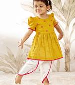 Girl's traditional janmashtami outfit - mustard cotton kurta dhoti set with thread embroidery floral print (size 22-30)